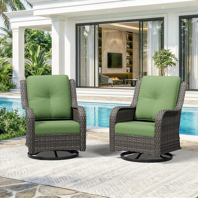 Swivel Rocker Patio Chairs Set of 2 - Outdoor Wicker Patio Furniture Set 2 Pieces with Thickened Olefin Cushions, High Back and Deep Seating, Hand-Woven PE Rattan for Porch, Deck, Green