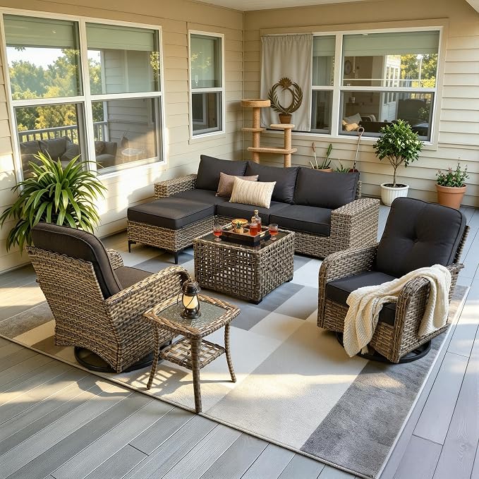 8-Piece Wicker Outdoor Sectional Furniture, Wide Armrest Patio Couch with Swivel Rocking Chair Ottoman Solar Table, Modular Sofa Rattan Conversation Sets for Backyard Deck Garden, Black