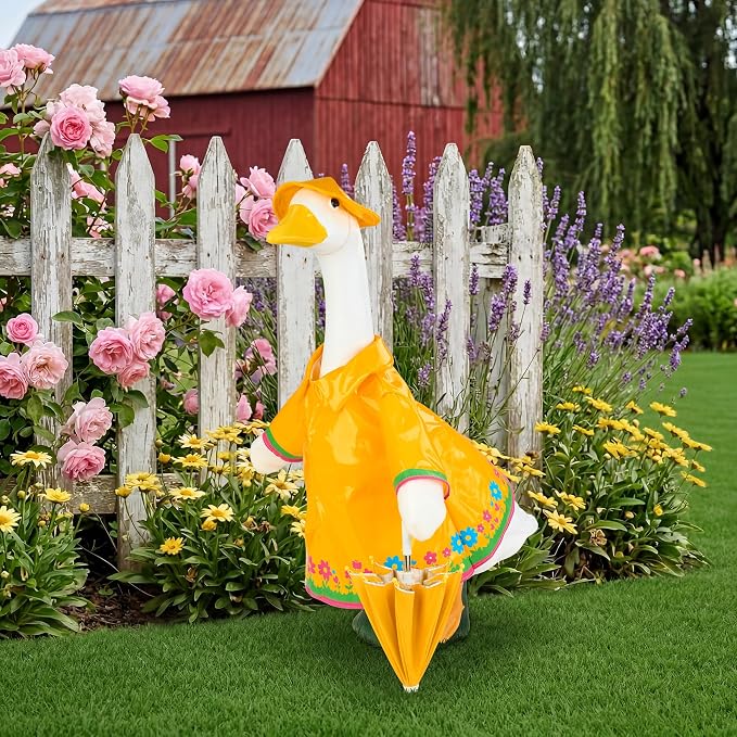 Raincoat Goose Outfits Porch Goose Spring Outfit Goose Printed Raincoat Clothes with Umbrella Hat Fits 23" Geese Statue for Spring Summer Garden Lawn Patio Yard Outdoor Decor (Yellow)