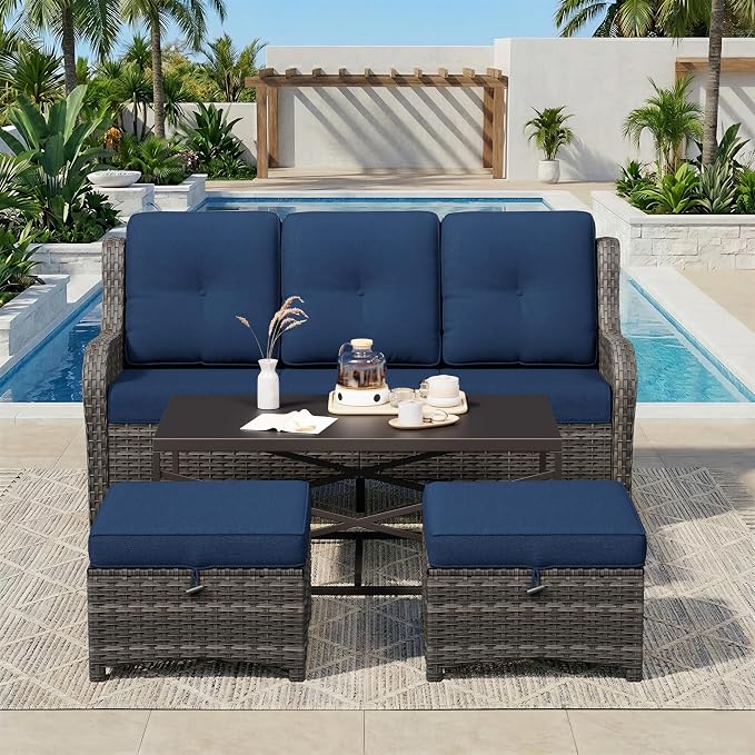 4-Piece Outdoor Couch Set, Includes Wicker Patio Sofa with Thickened Olefin Cushions, High Back and Deep Seating, Hand-Woven PE Rattan and 2 Ottomans, 1 Coffee Table for Porch, Deck