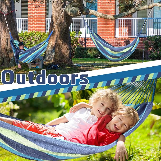 Windyun 2 Sets Cotton Canvas Hammock Large Double Hammock 400lbs Portable Camping Hammocks for Outside with Carrying Bag Sturdy Metal Knot Ropes and Tree Straps for Travel Patio Garden Backyard (Blue)