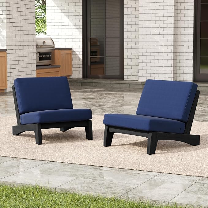 Pia Ricoo 4 Piece Patio Furniture Sets, Outdoor Loveseat Sofa Set with 2 Chairs & Coffee Table, Patio Conversation Set for Backyard, Deck, Lawn, Navy, Dark Wood