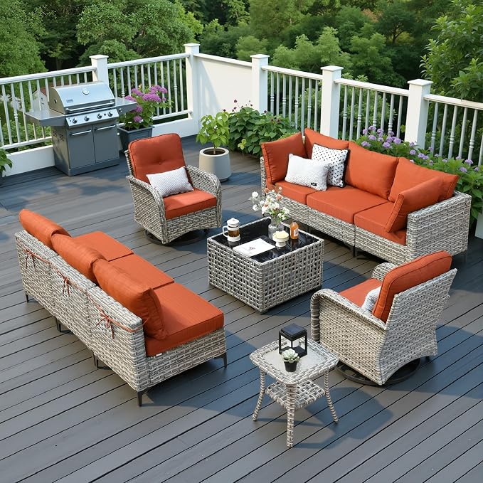 10 Pieces Patio Sectional Furniture Set, Outdoor Wicker Sectional Couch with High Back Swivel Rocker Chairs Solar Lights Table, Modern Conversation Set for Porch Balcony Backyard, Orange