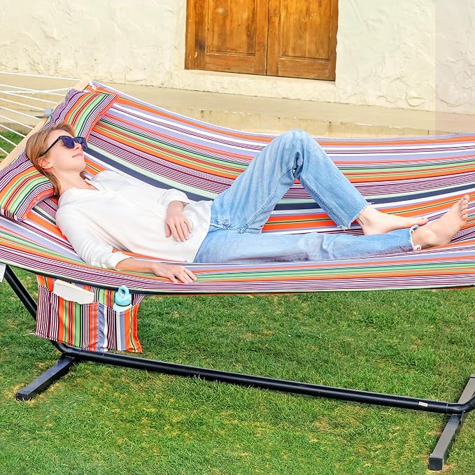 GAFETE 2 Person Hammock with Stand for Outside, 12ft Heavy Duty Steel Stand, Double Hammocks with Hardwood Spreader Bar, Large Removable Pillow, Side Pockets, Max 475 lbs Capacity (Classic Red)