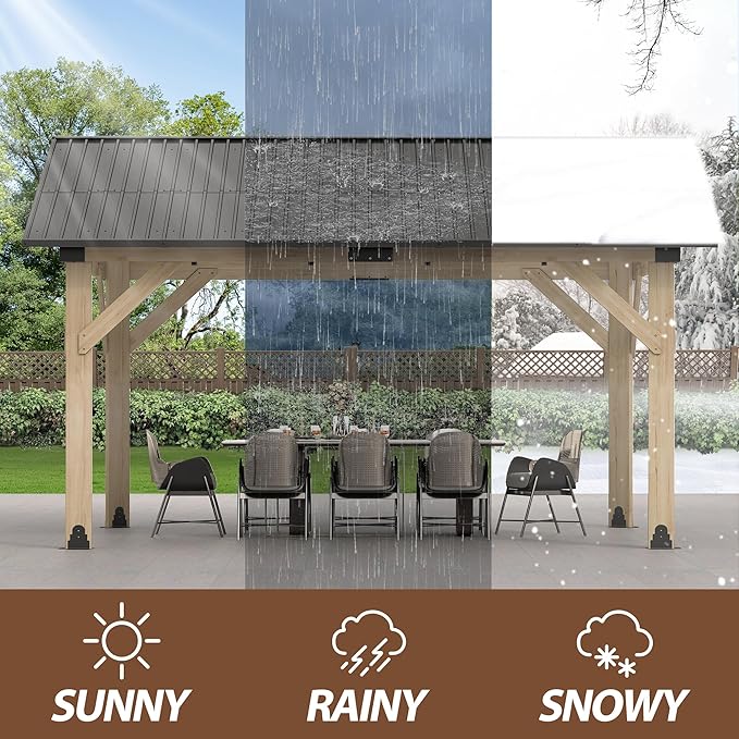 12' × 14' Wood Gazebo, Outdoor Cedar Hardtop Wooden Frame Gazebos with Galvanized Steel Roof for Garden, Patio, Deck