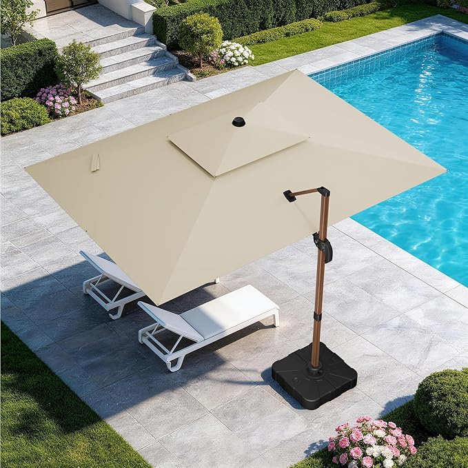 GENTEACO 10x13FT Wood Pattern Cantilever Patio Umbrella, Double Top Rectangle Offset Umbrella 7 Angle Tilts & 360° Rotation, Large Heavy Duty Outdoor Sun Umbrella for Pool Market, Beige