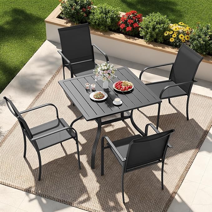 5-Piece Patio Dining Set,4 Person Outdoor Table and Chairs Set, 4 Metal Dining Chairs and Square Outdoor Table with 1.57" Umbrella Hole,Black