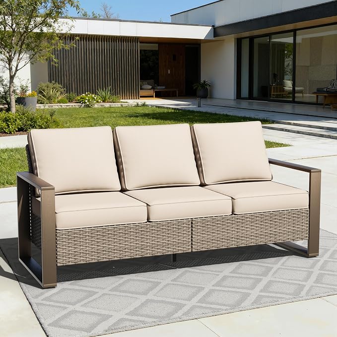 75" Patio Metal Wicker Sofa, All Weather Outdoor Rattan 3-Seat Sofa Couch with Premium Cushions & Rectangular Framed Wood-Looking Metal Armrest for Garden Backyard Porch Deck, Beige