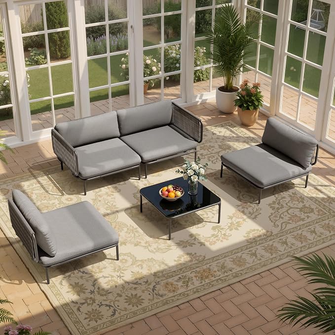 5-Piece Modern Outdoor Sectional Sofa with Coffee Table - 31" Deep Seating Patio Conversation Set, Weather-Resistant Low-Profile 11" Seat Height Lounge Seats for Deck, Porch & Backyard,Grey