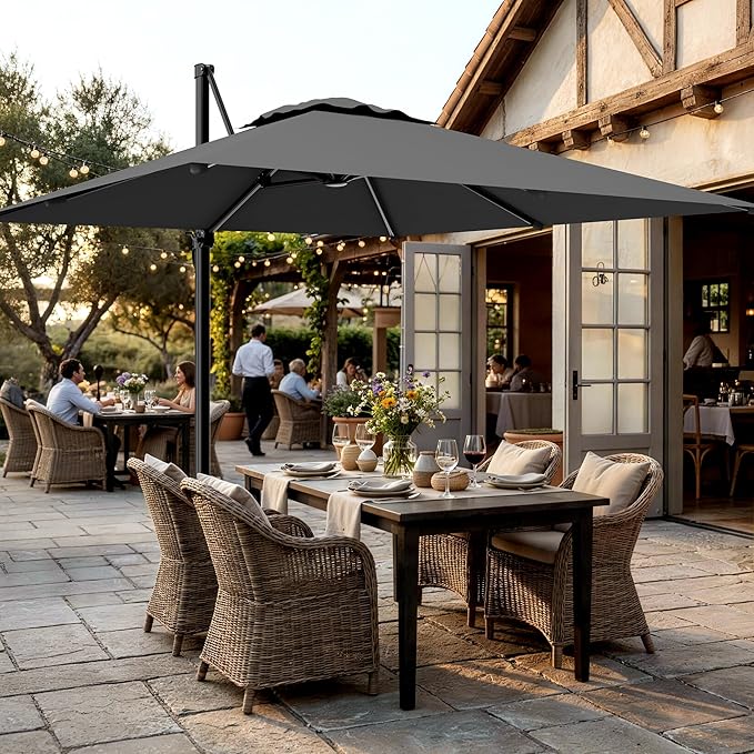 AreShark 8 X 8 FT Cantilever Patio Umbrella, 360-Degree Rotation Round Hanging Offset Umbrella with Crank, Heavy Duty Patio Umbrella for Patio, Pool, Garden, Deck, Grey