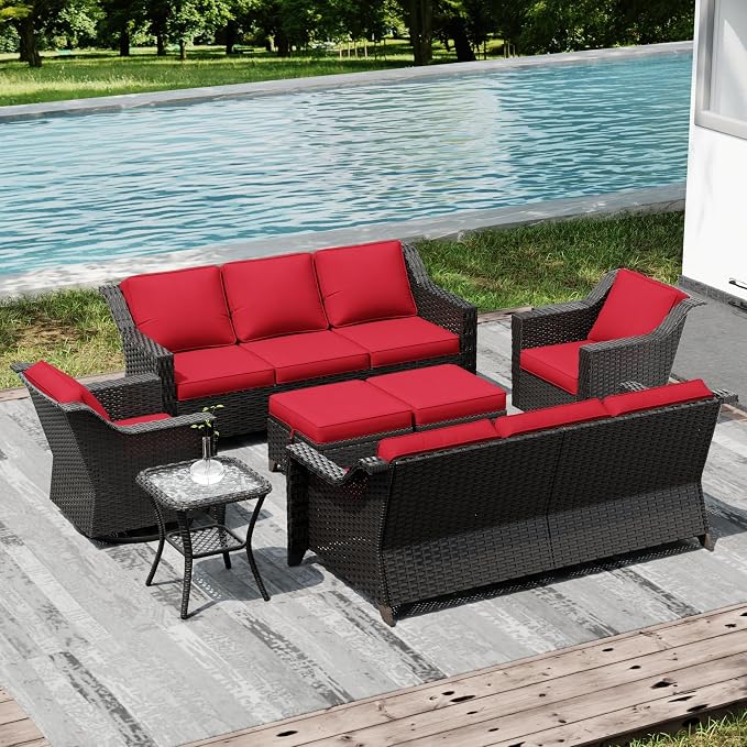 Joyside Wicker Patio Furniture Sets, 7 Pieces Upgraded Large Size Outdoor Furniture with Swivel Rocking Patio Chairs, Two 3-Seat Sofa, Outdoor Ottoman, Thick Cushions, Wide Armrest, Red