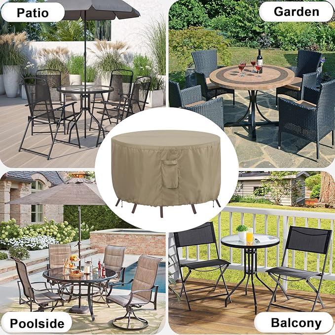 OutdoorLines Outdoor Waterproof Patio Table Furniture Set Covers - Round Couch Sectional Cover Outside Weatherproof Patio Furniture Covering for Deck, Lawn and Backyard 84" Dia x 28" H, Camel