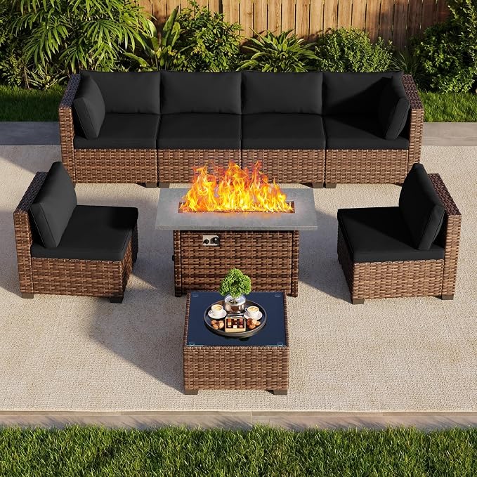 Qsun 8 Pieces Outdoor Patio Furniture Set with 44.9" Fire Pit Table, All-Weather Wicker Outdoor Patio Sectional Set with Coffee Table, for Backyard Poolside Garden Porch, Black