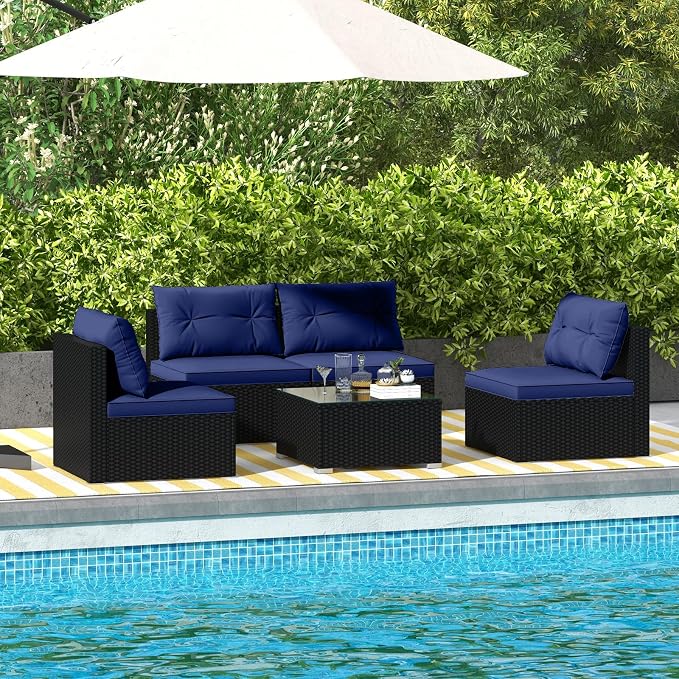RELAX4LIFE 5-Piece Outdoor Patio Furniture Set, Rattan Sectional Sofa Set w/Glass-Top Coffee Table, Soft Seat & Back Cushions, Bistro Set for Garden Backyard Porch, Wicker Conversation Set (Navy)