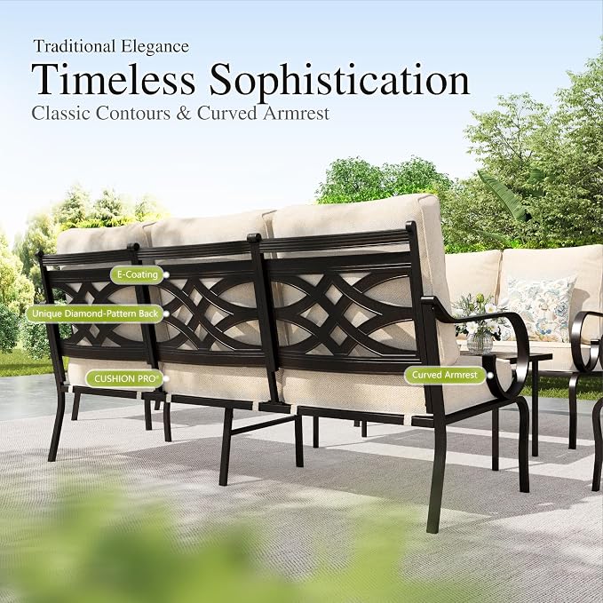 Sophia & William Patio Conversation Set for 7, 3-Seater Sofa, 2 Fixed Chairs, 2 Rocking Chairs and a 45" Fire Pit Table, Metal Outdoor Furniture with 5.75" Extra Thick Cushions, Beige
