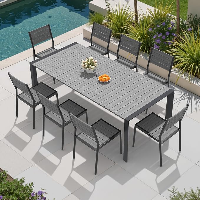 9 Pieces Outdoor Dining Set, 83" Patio Table and Stackable Chairs | All-Weather Aluminum Frame Adjustable Umbrella Hole & WPC for Garden, Patio, Backyard (Grey)