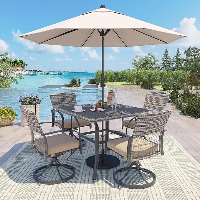 Pamapic 5-Piece Outdoor Dining Set with Swivel Chairs, Rattan Patio Furniture for Backyard, Deck, Garden, Weather-Resistant Iron Slats Table & 4 Chairs with Removable Cushions (Beige)