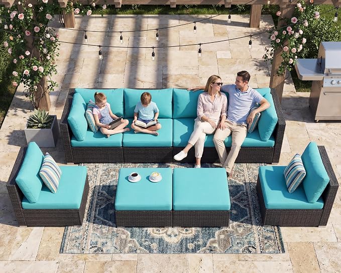 NICESOUL 8 People Outdoor Seating Furniture, 29.3'' High Back Comfortable Wicker Patio Sectional Sofas with Ottoman, Deep Seats Oversized Conversations for Exteriors, 2 Color Cushion Turquoise & Gray