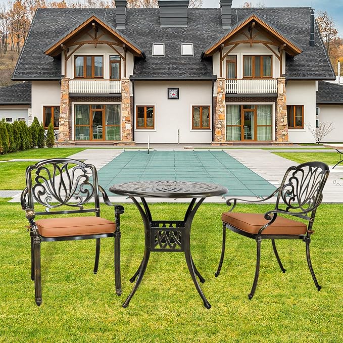 VIVIJASON 3-Piece Patio Furniture Dining Set, All-Weather Cast Aluminum Outdoor Bistro Set, Include 2 Chairs, 2 Cushions and 31" Round Table w/Umbrella Hole for Balcony, Lawn, Garden, Backyard