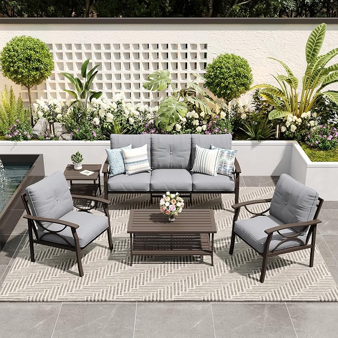 FansaFurn 5-Pieces Outdoor Patio Furniture Set, Outdoor Metal Sectional Furniture with Cushions, Outdoor Conversation Seating Set with Coffee Table for Garden, Balcony, Deck, Backyard, Grey