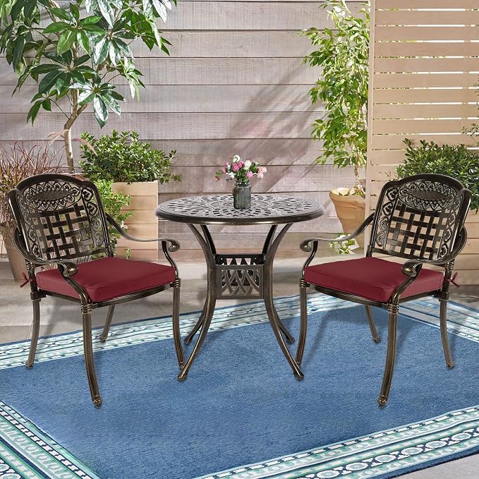 3-Piece Outdoor Patio Dining Set, All-Weather Cast Aluminum Patio Furniture Set for Backyard Garden Deck with 2 Cushioned Chairs and 31” Round Table, 2" Umbrella Hole, Chili Red