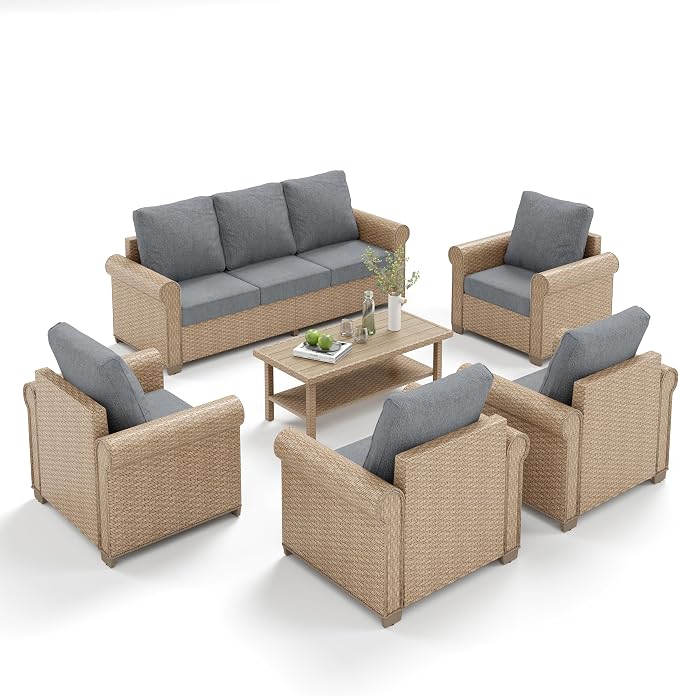 MIXPATIO Patio Furniture Set 6 pcs, Wicker Outdoor Patio Furniture, 3-Seat Sofa, 4 Single Chairs and Coffee Table, Rattan Patio Conversation Set for Backyard Deck, Grey