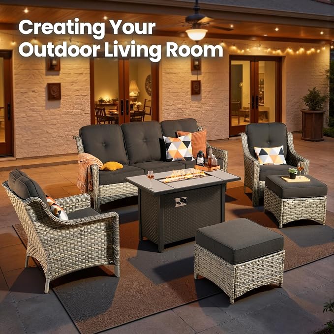6 Piece Patio Furniture Set with Fire Pit Table, Outdoor Wicker High Back Sofa Chairs Ottoman with Comfy Cushions, Modern Conversation Sets for Backyard Deck Garden Poolside, Black