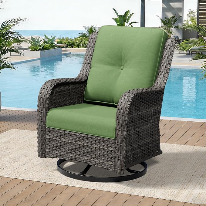 Outdoor Swivel Rocker Patio Chair - Outdoor Wicker Patio Furniture with Thickened Olefin Cushions, High Back and Deep Seating, Hand-Woven PE Rattan for Porch, Deck, Balcony, Green