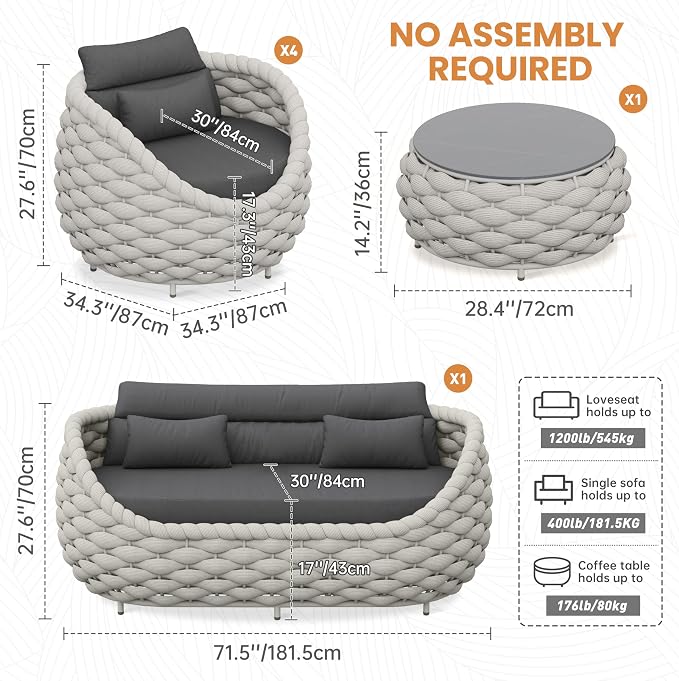 6 Pieces Rope Patio Furniture Set: Aluminum Outdoor Couch Set Cushioned - Assembled Conversation Sofa Set Modern - Metal Porch Seating for 7 Person - All Weather for Deck Garden Poolside Hotel