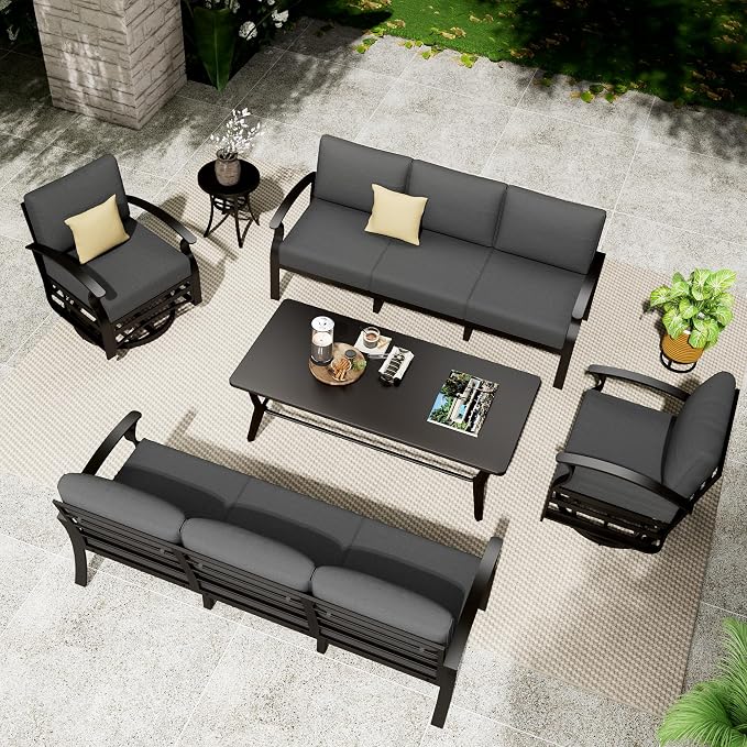 Aluminum Patio Furniture Set with Coffee Table,8 Seats Metal Modern Outdoor Furniture w/5.1" Thick Cushions,Patio Sectional w/Swivel Chairs for Patio,Backyard,Grey
