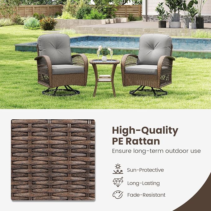 HAPPYGRILL 3 Pieces Outdoor Rattan Swivel Rocker Chairs Set with Tempered Glass Side Table, Outside Sectional Patio Conversation Furniture Set with Swivel Rocking Chairs for Deck Porch Garden (Grey)