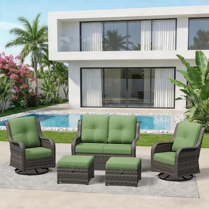 5 Piece Outdoor Wicker Patio Furniture Set, Outdoor Swivel Rocker Patio Chairs Set with Thickened Olefin Cushions, High Back and Deep Seating, Hand-Woven PE Rattan for Porch, Deck
