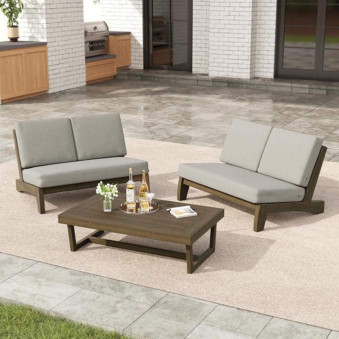 3 Pieces Patio Furniture Sets, All-Weather Outdoor Wood Bistro Set Patio Conversation Coffee Table Chiars and Patio Loveseat for Balcony, Backyard