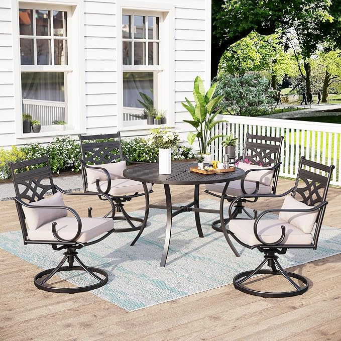 MFSTUDIO 5-Piece Patio Dining Set, 42" Round Metal Table, Swivel Chairs | Umbrella Hole