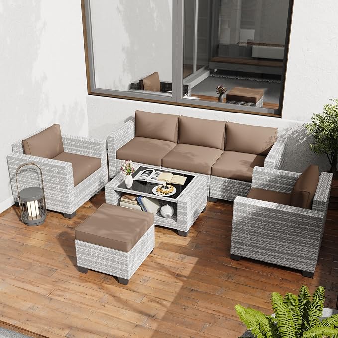 KIGOTY Patio Furniture Set 7 PCS Patio Conversation Sets, All-Weather PE Rattan Outdoor Sectional Sofa with Cushion and 2- Tier Glass Coffee Table(Grey White/Camel)