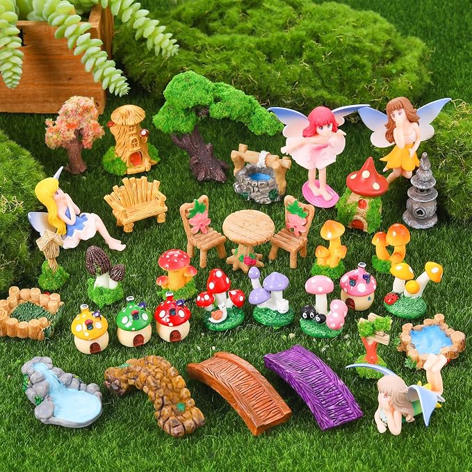 32 Pcs Fairy Garden Accessories Mini Fairy Figures | Miniature Table and Chairs Bridge Mushroom Lighthouse Water Well Pond Landscape OrnamentKit for DIY Garden Potted Desk Decor