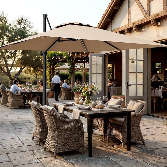 AreShark 9 × 9FT Square Cantilever Patio Umbrella with Base Included, 360° Rotation Offset Outdoor Umbrella, 5 Tilt Settings Heavy Duty Hanging Parasol for Deck Garden Pool, Beige