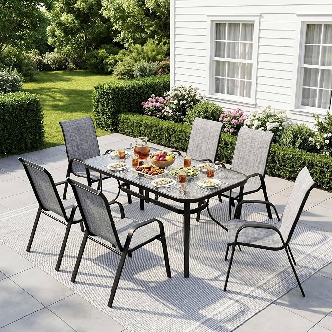 Arlopu 7-Piece Outdoor Table and Chairs for 6, Outdoor Dining Set W/Rectangle Glass Table and 6 Patio Textilene Stackable Chairs, Patio Furniture Set W/Umbrella Hole (Black Table & Grey Chair)