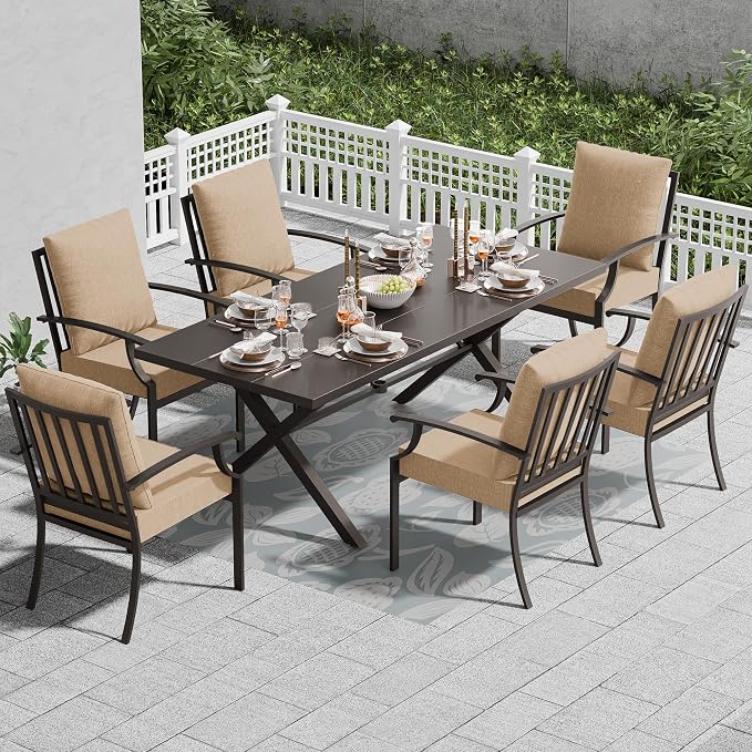 7 Piece Outdoor Dining Set for 6, Metal Patio Table and Chairs with Cushions, Patio Furniture Set with 6 Stackable Chairs, Rectangular Patio Dining Table with Umbrella Hole, Lawn Deck, Yard-Sand