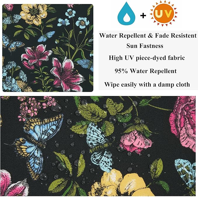FUNHOME Outdoor Chair Cushion Covers 2 Pack, No Insert! Patio Cushion Covers Replacement 22" x 20" x 4", Water Resistant Patio Chair Cushion Slipcovers, Black Flower Butterfly(Covers ONLY)