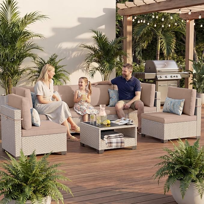 Patio Furniture Set, 14-Piece Outdoor Sectional Sofa with 2-Layer Glass Coffee Table, Wicker Patio Conversation Set with Khaki Cushions for Backyard, Poolside, Porch