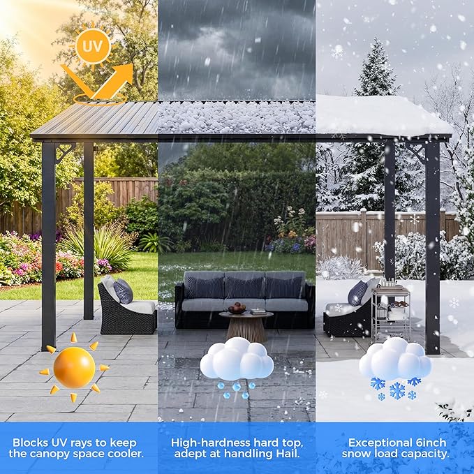 AirWire 10'x12' Lean to Gazebo, Hardtop Pergola with Metal Roof, Wall Mounted Heavy Duty Canopy Awning for Backyard, Deck and More