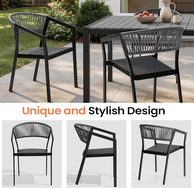 Pellebant Aluminum 13-Piece Outdoor Dining Table Set for 8-12 Person | Patio Stackable Chair with U-Shaped Wicker Backrest, 118" Table with Wood-Grain Top & Umbrella Hole, Aluminum Frame Furniture