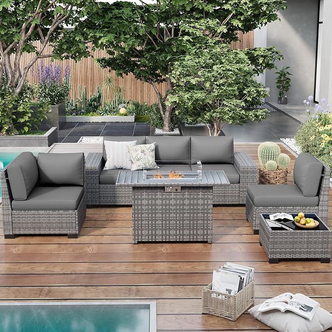 Patio Furniture with Fire Pit Table,8‘’ Wide armrest Outdoor Sectional Rattan Sofa Set, Wicker Patio Furniture Sets w/Coffee Table,Thick Cushions and Cover for Porch, Balcony, 7PC (Grey&Grey)