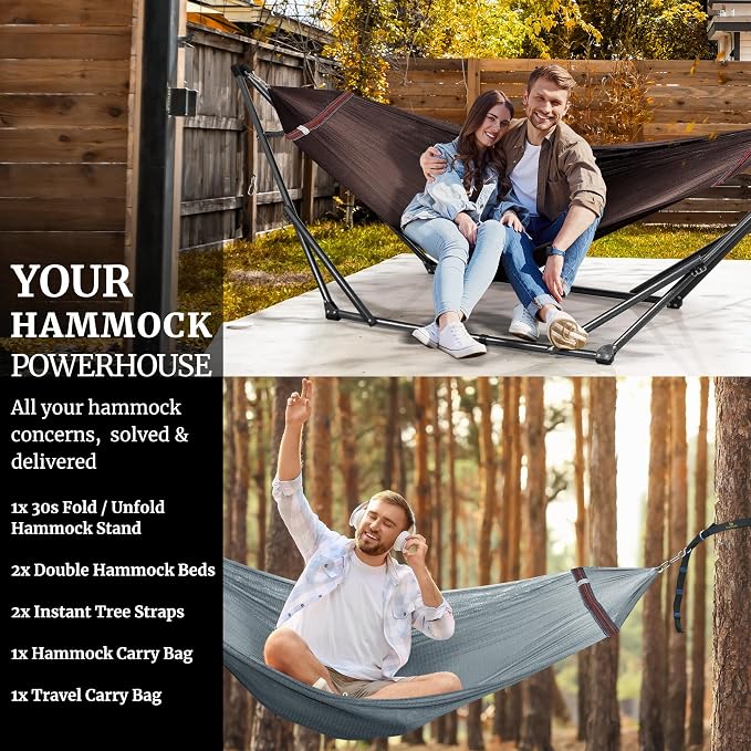 Tranquillo Combo x2 Hammocks with Stand for Outside & Tree Straps, Heavy Duty Hammock with Stand 600lbs for Indoor Outdoor Patio Backyard, x2 Hammocks for 2 Person (Combo - Brown, Medium)