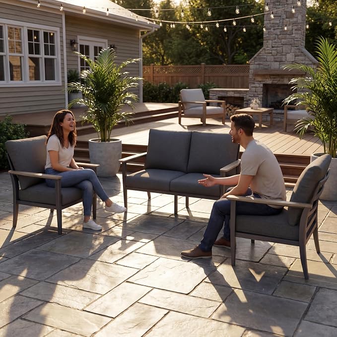 Aluminum Outdoor Patio Furniture Set 4-Seat, Patio Conversation Set Sectional Furniture Set with High Backrest & Thickened Cushions for Garden, Backyard, Poolside, Dark Grey