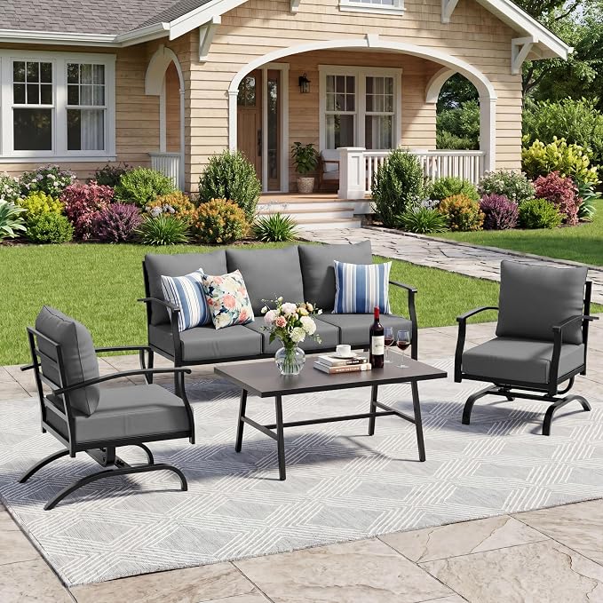4 Piece Patio Furniture Set, Metal Outdoor Patio Furniture Set, All Weather Modern Couch Sofa with Comfortable Cushions & Coffee Table, Metal Conversation Set for Balcony, Porch, Deck (Gray)