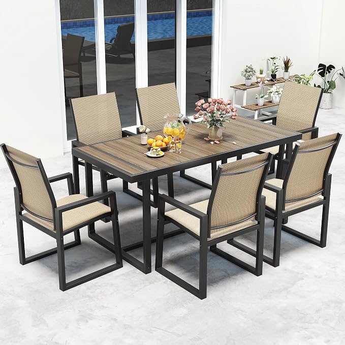 Jocoevol Outdoor Dining Set for 6 Patio Furniture Set 7 Piece Patio Table and Chairs Set Includes 67" Rectangle Table and 6 Textilene Dining Chairs, All Weather Patio Dining Sets for Backyard Garden