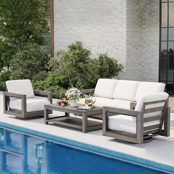 HAPPATIO Oversized Aluminum Patio Furniture Set, Outdoor Conversation Set 4 Pieces with 3-Seat Sofa, 2 Swivel Sofa Chairs, 1 Coffee Table, Extra Large Seat with Thicken Cushion for Deck Poolside,Grey