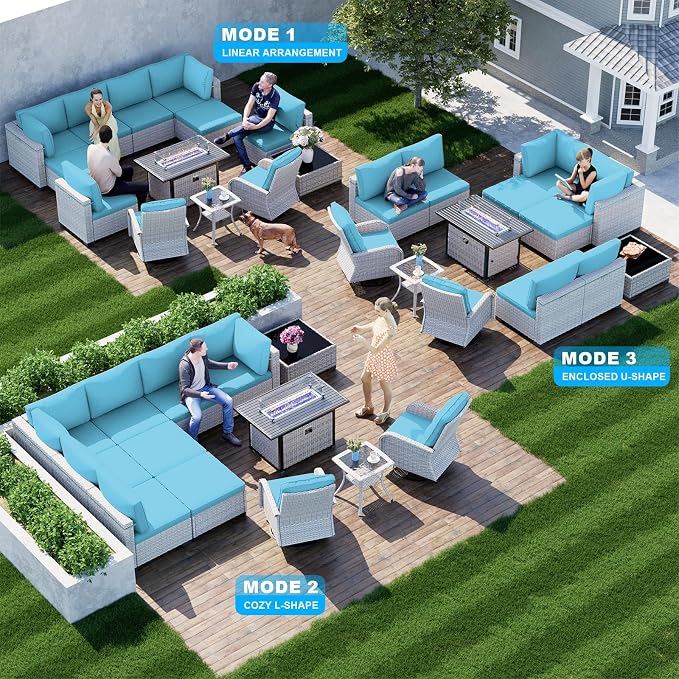 13-Piece Patio Furniture Set, Outdoor Patio Furniture with Swivel Chairs Set, Ottomans, 55,000 BTU Fire Pit Table, Modular Patio Sofa, Dual-Strand Wicker Rattan, Rust-Resistant Frame, Lake Blue